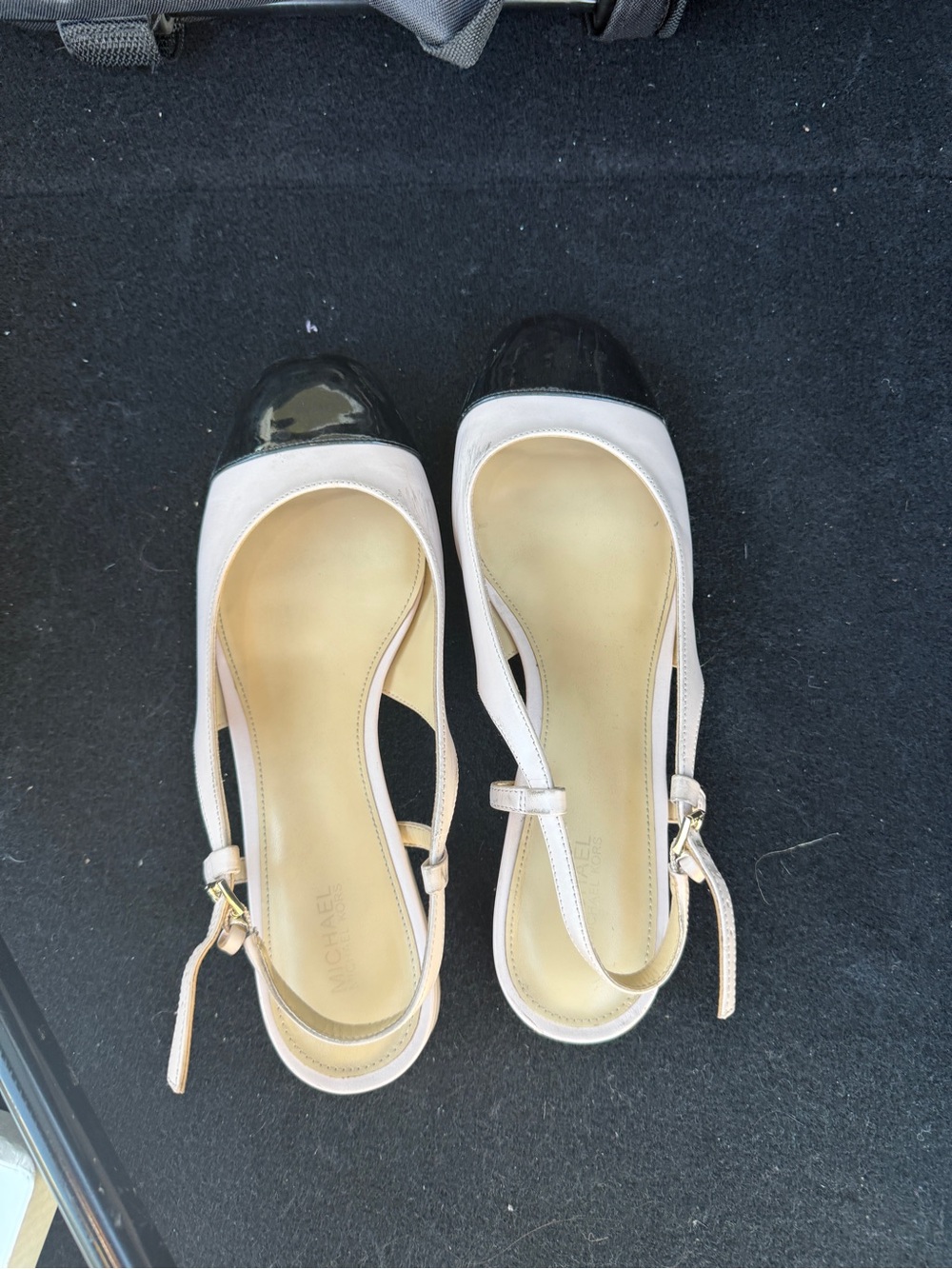 Michael Kors Two-Tone Patent Cap Toe Slingback Flats in Black and Cream